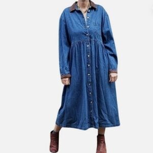 Vintage Women's Denim Prairie Dress with Brown Barn Collar